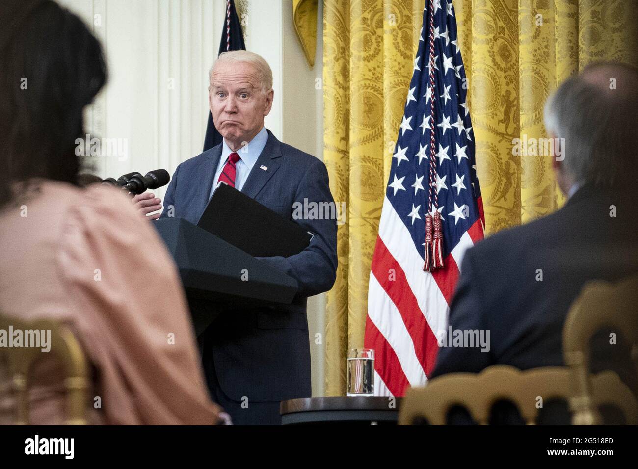 Washington, United States. 24th June, 2021. President Joe Biden delivers remarks on deals made with Senators on a bipartisan infrastructure plan in the East Room of the White House in Washington, DC, on Thursday, June 24, 2021. Photo by Sarah Silbiger/UPI Credit: UPI/Alamy Live News Stock Photo