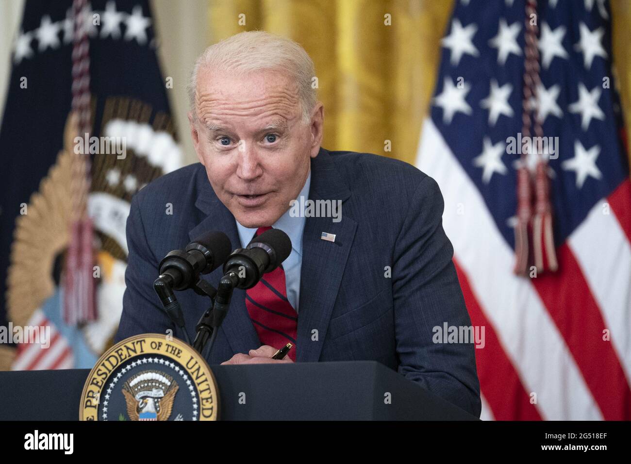 Washington, United States. 24th June, 2021. President Joe Biden delivers remarks on deals made by a bipartisan group of Senators on the infrastructure plan in the East Room of the White House in Washington, DC, on Thursday, June 24, 2021. Photo by Sarah Silbiger/UPI Credit: UPI/Alamy Live News Stock Photo