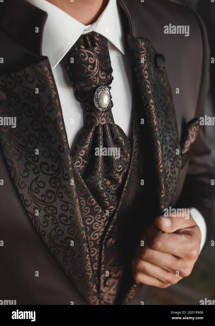 Luxurious modern expensive brown wedding men's suit with an abstract pattern and pearls on a tie with a white shirt. Stock Photo