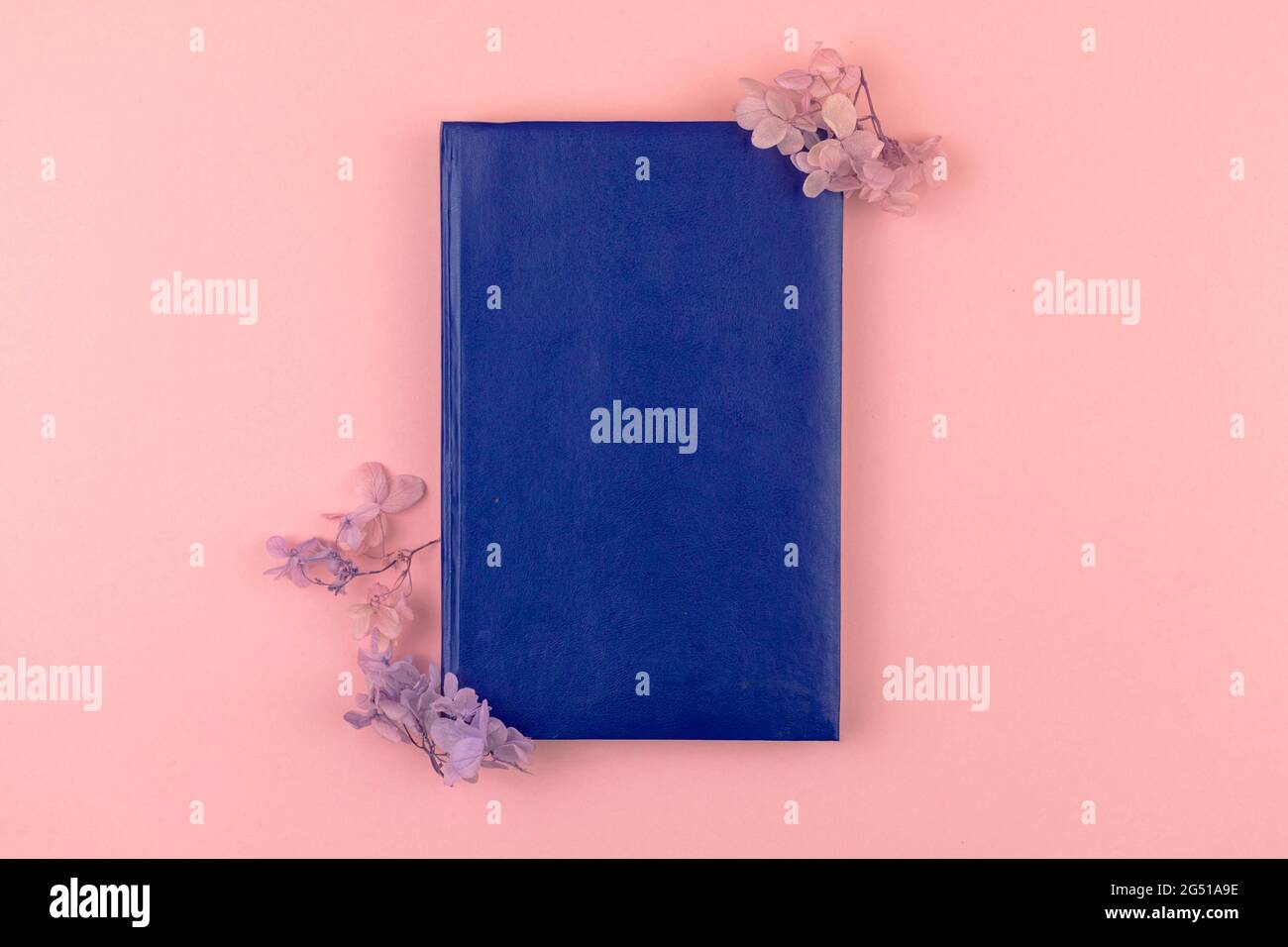 Empty blue leather notepad notebook mockup with dried flower border composition, pink background, top view Stock Photo