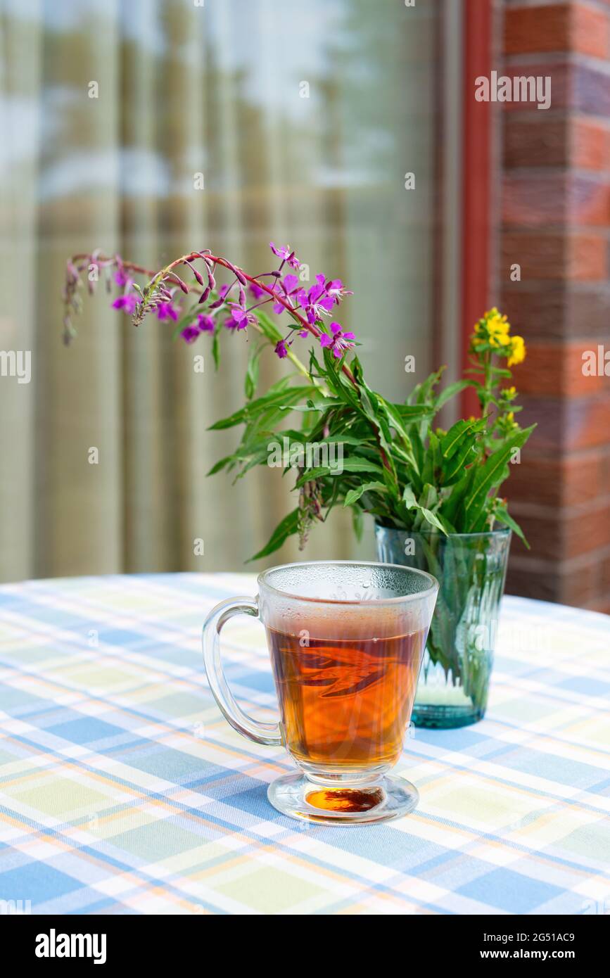 Cup of Fireweed herbal tea with fresh fireweed flowers on background. Stock Photo