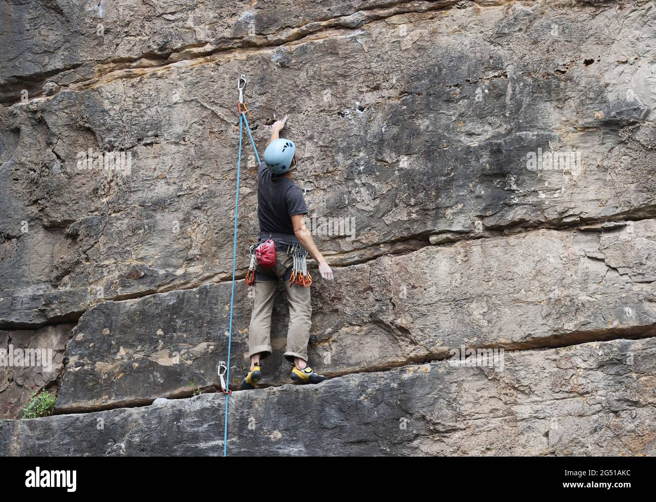 Rock climbing at Llanymynech Rock Nature Reserve, Wales, June 2021 Stock Photo