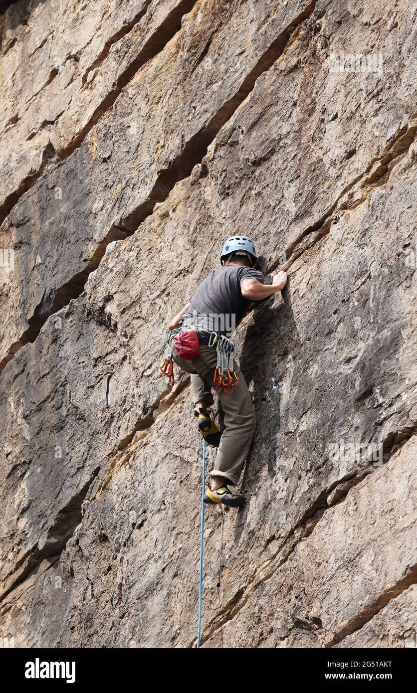 Rock climbing at Llanymynech Rock Nature Reserve, Wales, June 2021 Stock Photo