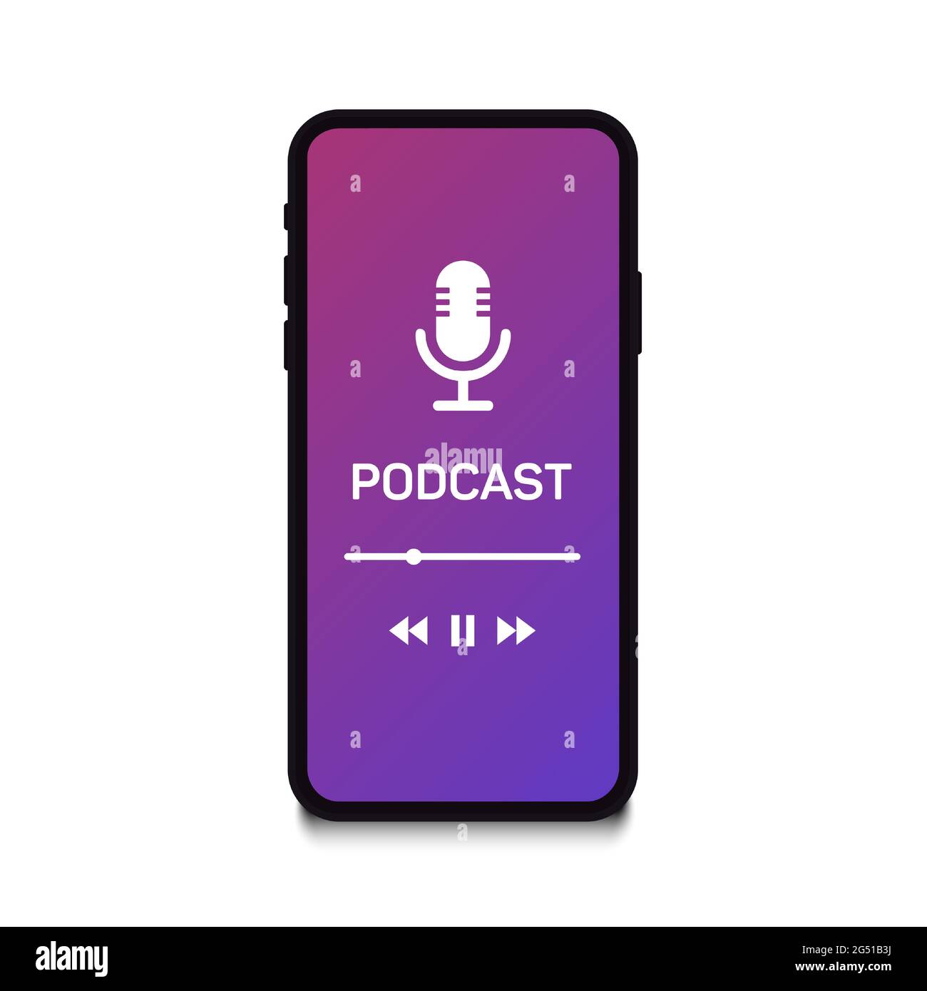 Podcast concept. Podcast app on smartphone, podcaster speaking in microphone. Media player app on touchscreen. Vector illustration. Stock Vector