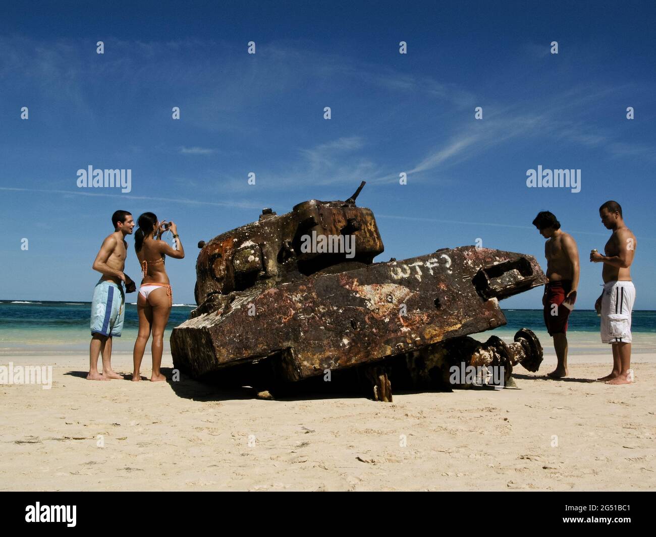 An abandoned tank, used as a target in the past by US navy, at Flamenco beach, in Culebra island, Puerto Rico Stock Photo