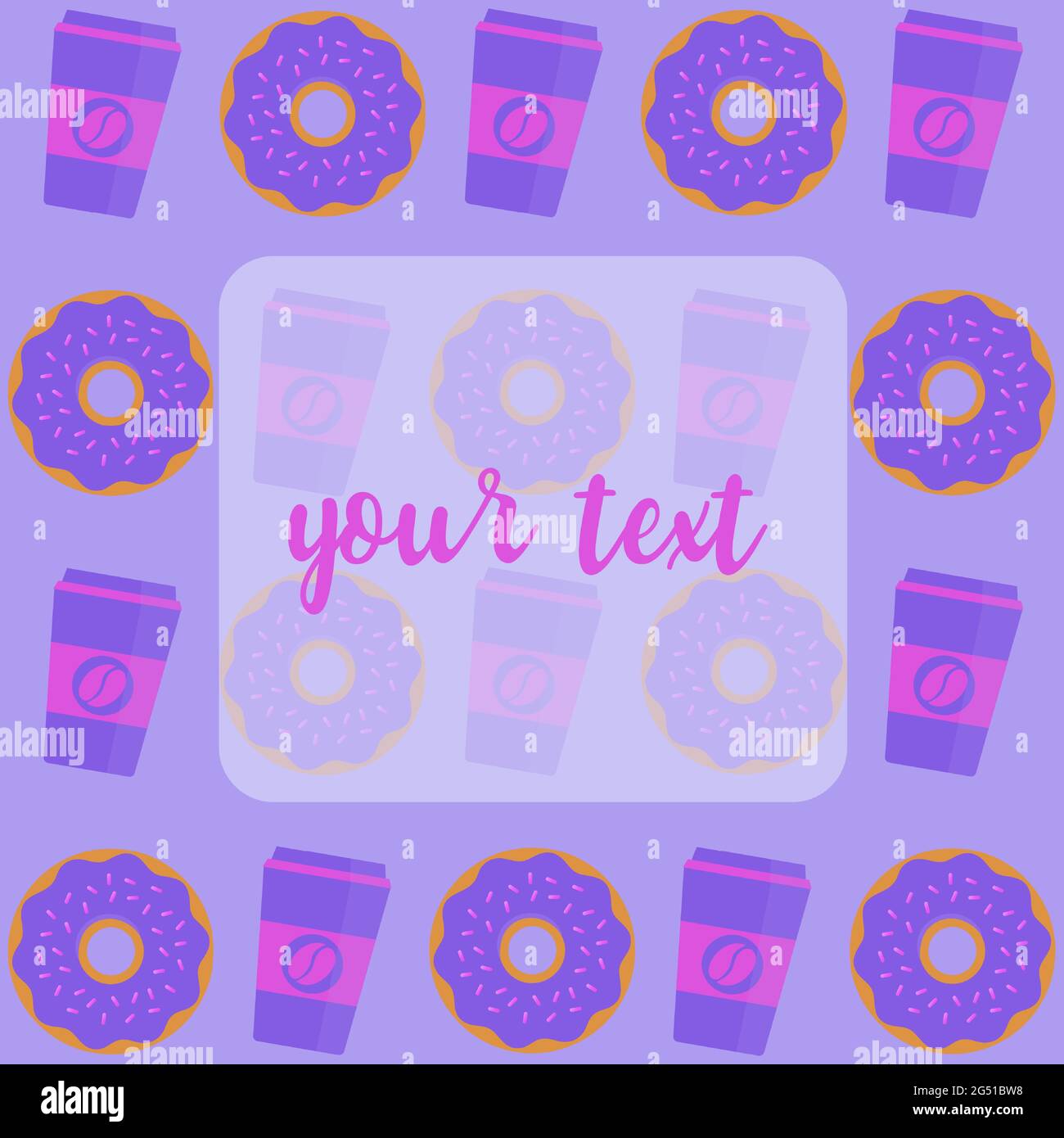 Coffee break time with donuts. Coffee cup and donut top view vector illustration on purple background. Stock Vector