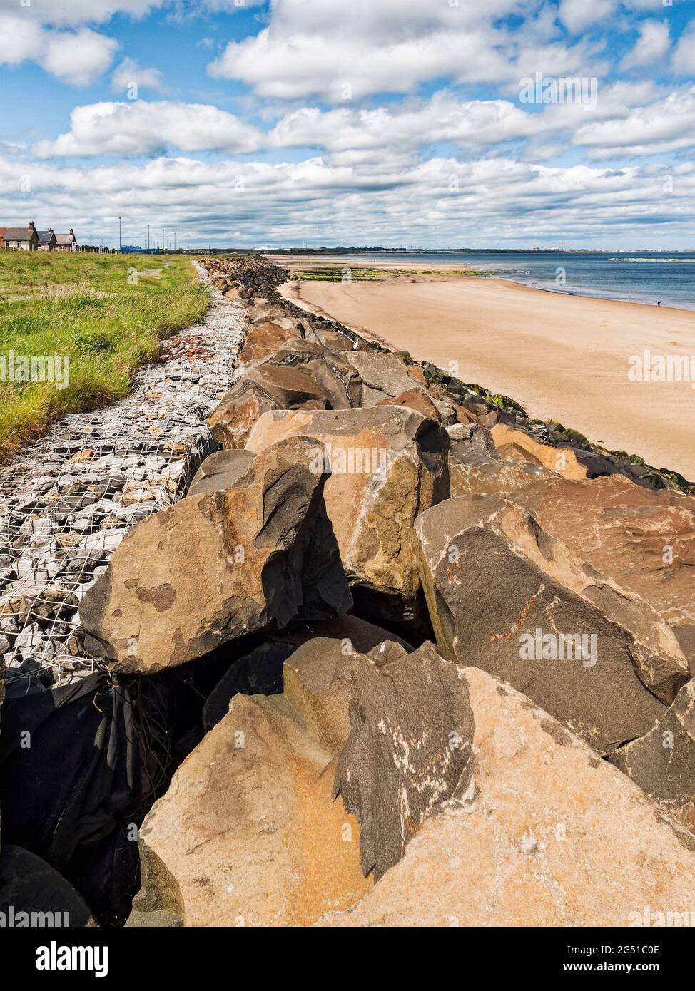 Boulders used to help reduce erosion at North Blyth to Cambois, Northumberland, UK Stock Photo