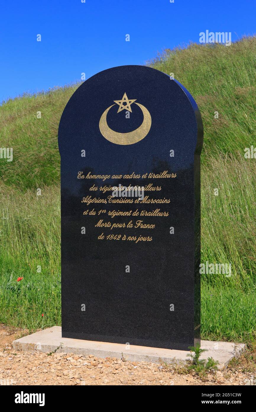 Commemorative stele for the soldiers of the Maghreb that fought in the French colonial army during WWI at Fort Douaumont in Douaumont (Meuse), France Stock Photo