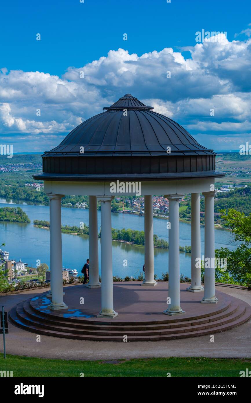 Temple in Ostein Park above Rüdesheim and Rhine River, famous wine village in the Rheingau landscape on the Rhine River, Hesse, Germany, Europe Stock Photo