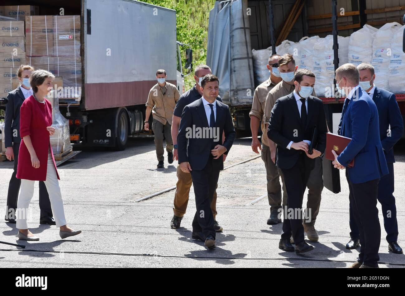 President of Switzerland Simonetta Sommaruga, and Ukrainian President  Volodymyr Zelensky, are seeing during the Swiss president's visit to  Slavyansk, Donbas where Sommaruga went on the last day of her stay in  Ukraine.