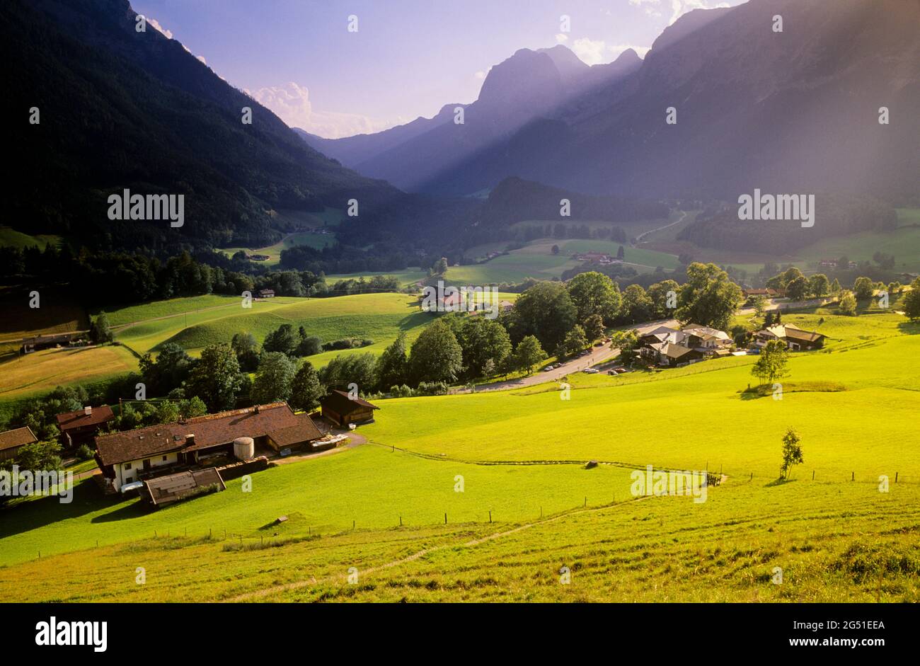Rural landscape with field and mountains, Berchtesgaden, Bavaria, Germany Stock Photo