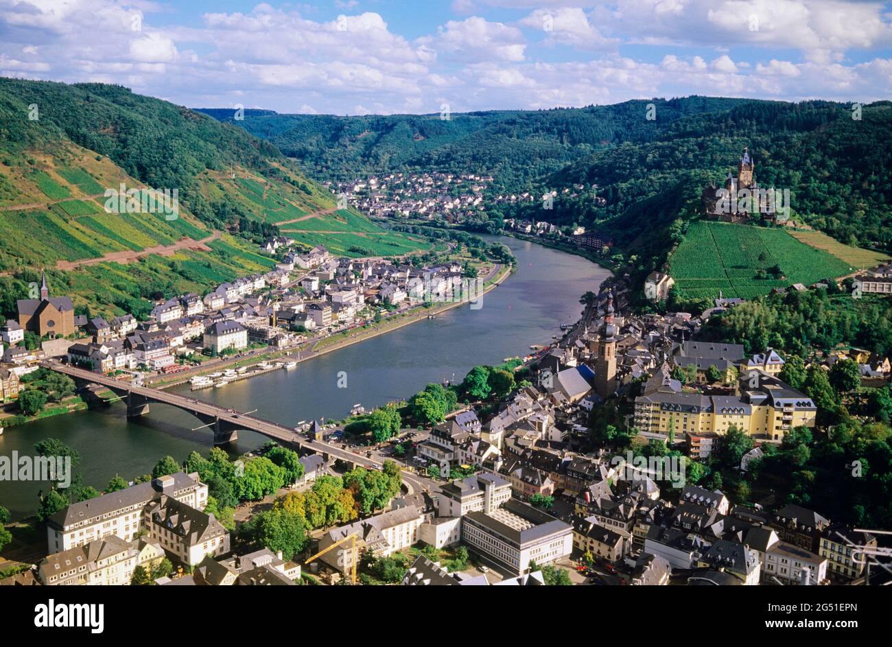 Aerial view of view of town and Mosel River, Cochem, Rhineland-Palatinate, Germany Stock Photo