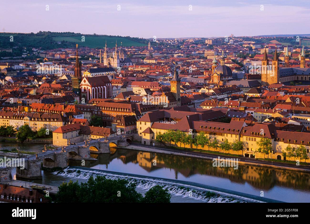 Aerial view of old town of Wurzburg at sunset, Bavaria, Germany Stock Photo