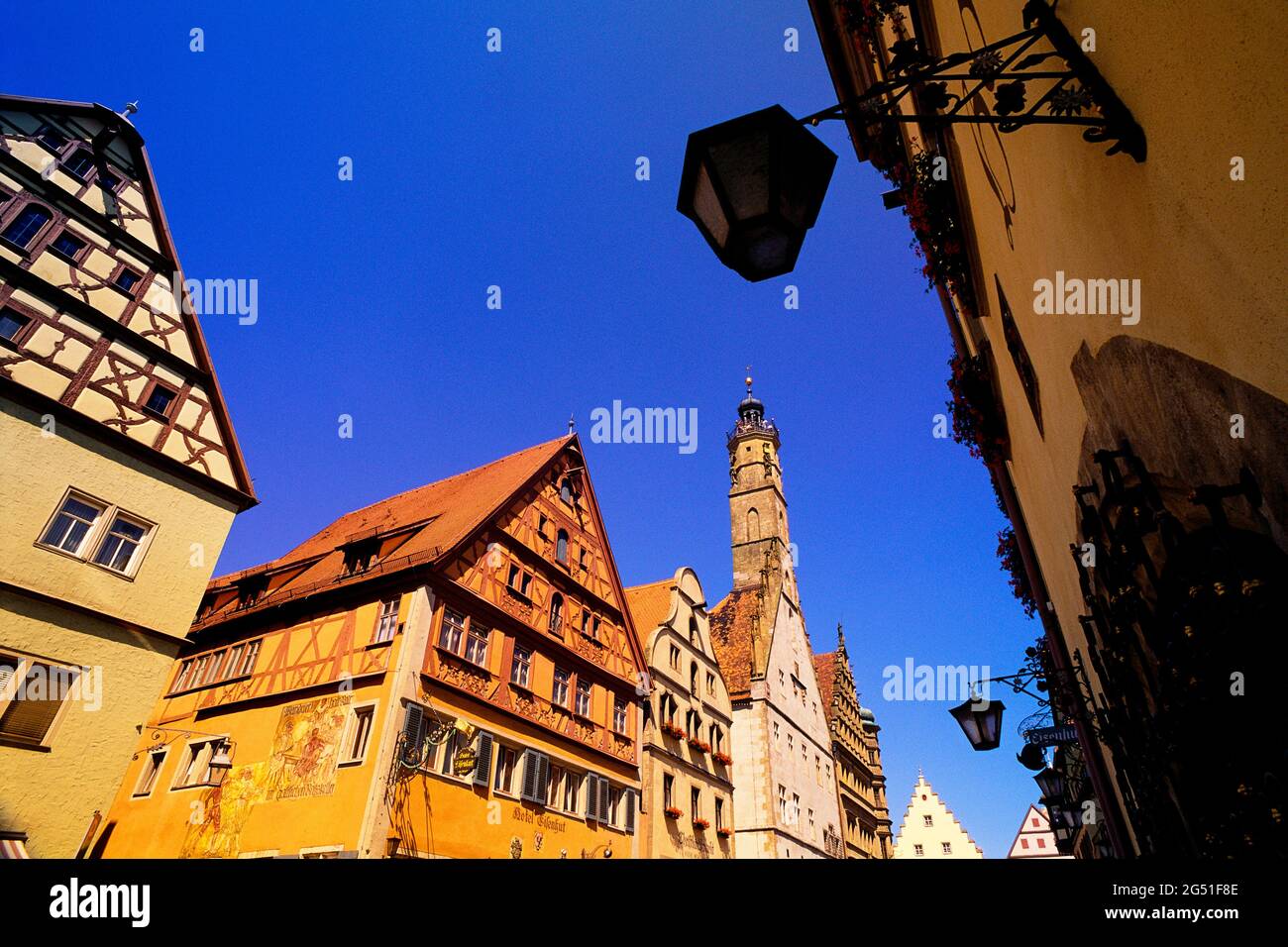 Street in old town with half-timbered townhouses, Dinkelsbuhl, Bavaria, Germany Stock Photo