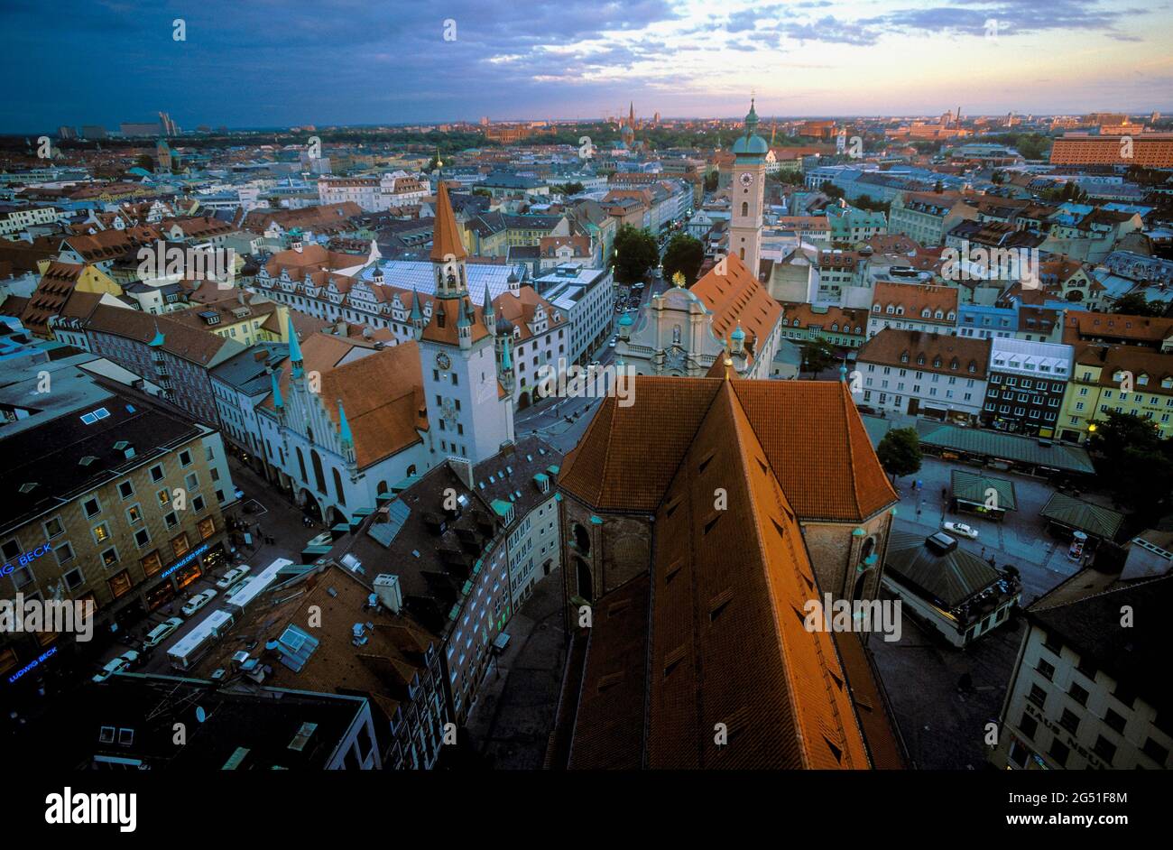 Aerial view of Munich at sunset, Bavaria, Germany Stock Photo