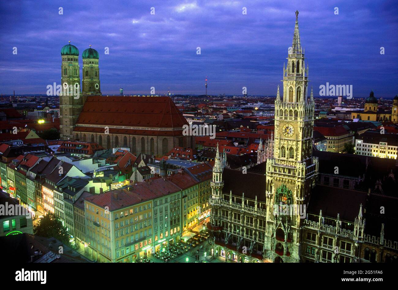 Aerial view of Marienplatz at night, Munich, Bavaria, Germany Stock Photo