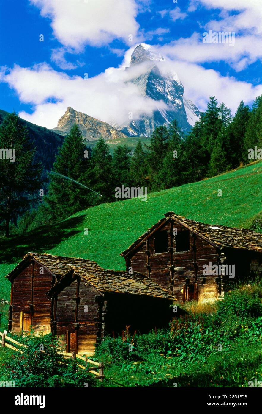 Old wooden houses and Matterhorn, Zermatt, Valais Canton, Switzerland Stock Photo