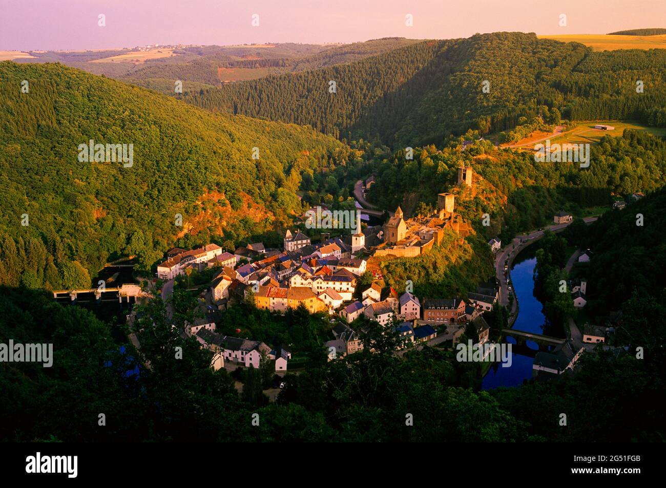 Distant view of village of Esch-sur-Sure at sunset, Luxembourg Stock Photo