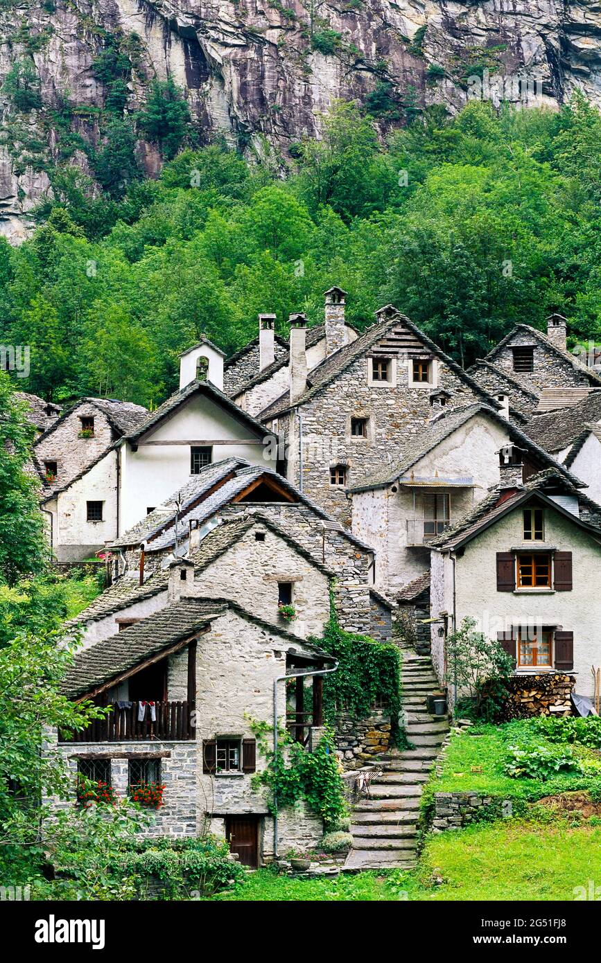 Village with stone houses, Roseto, Valle Maggia, Ticino Canton, Switzerland Stock Photo