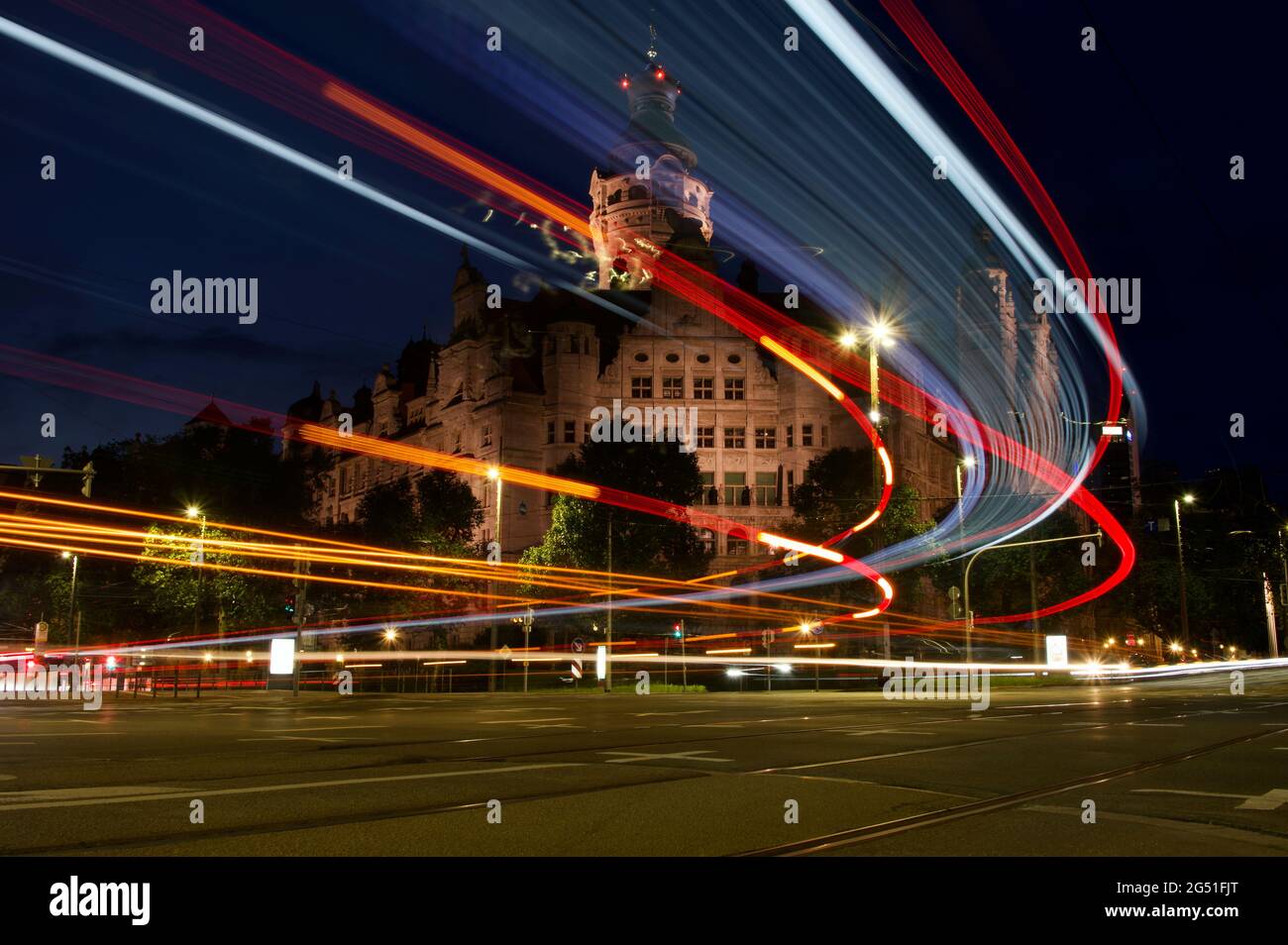 New town hall in Leipzig at night, long exposure with light streaks Stock Photo