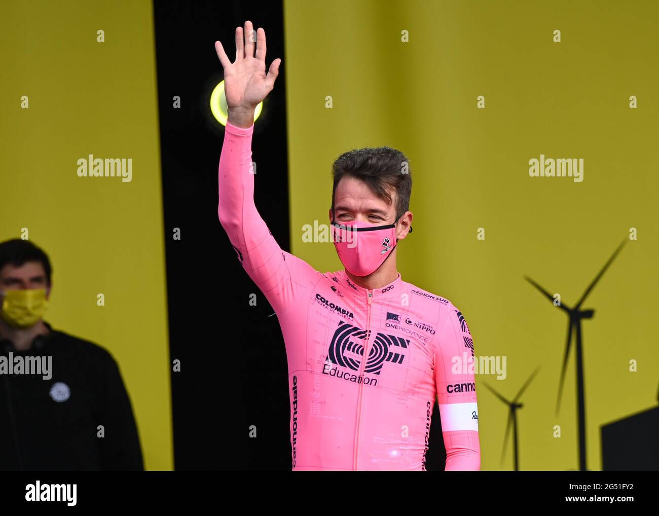 Brest, France. 24th June, 2021. rigoberto uran of EF EDUCATION - NIPPO being introduced at the 2021 Tour de France team presentation, Credit:Pete Goding/Alamy Live News Stock Photo