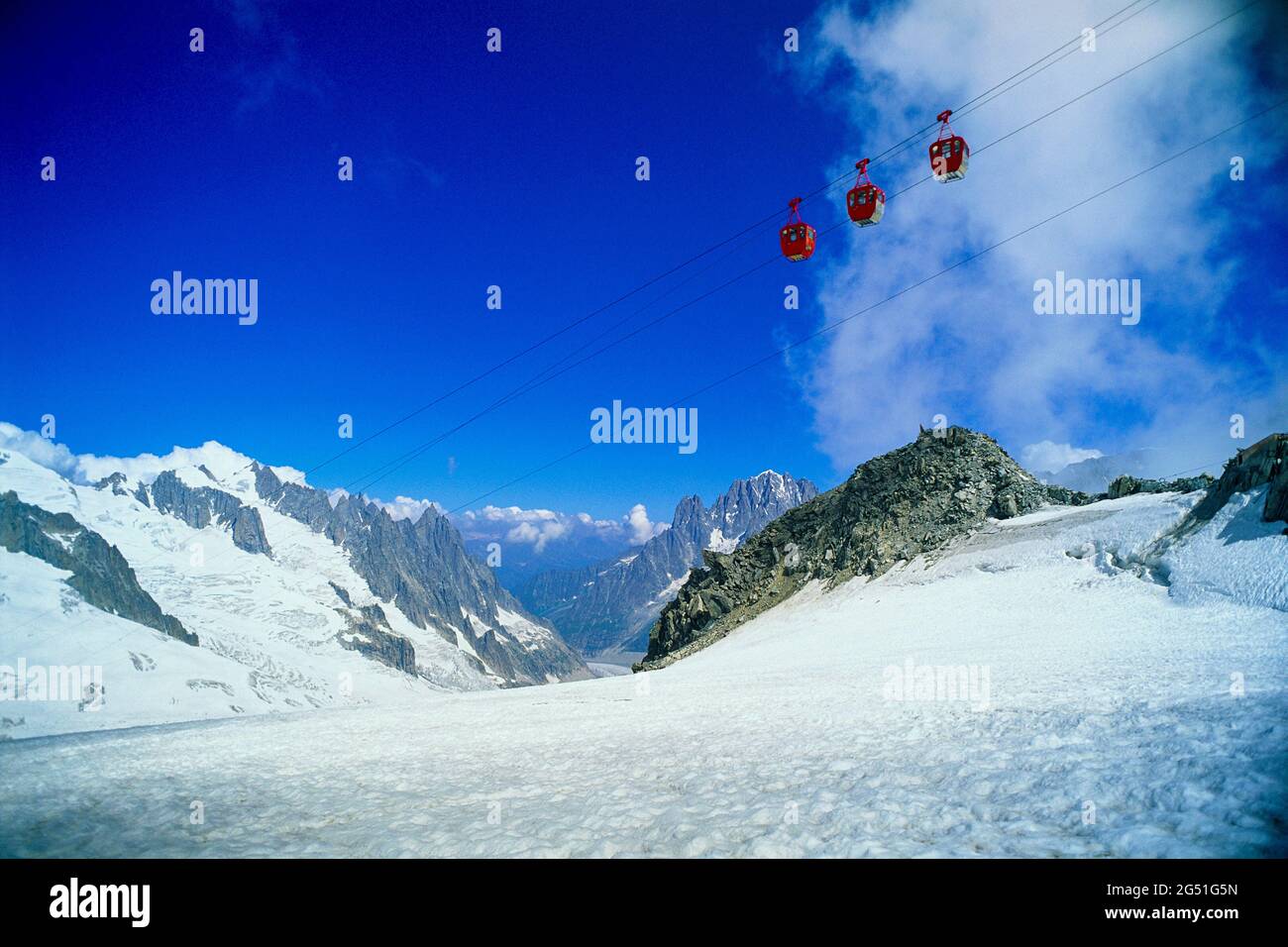 Overhead cable cars above Alps in winter, France Stock Photo