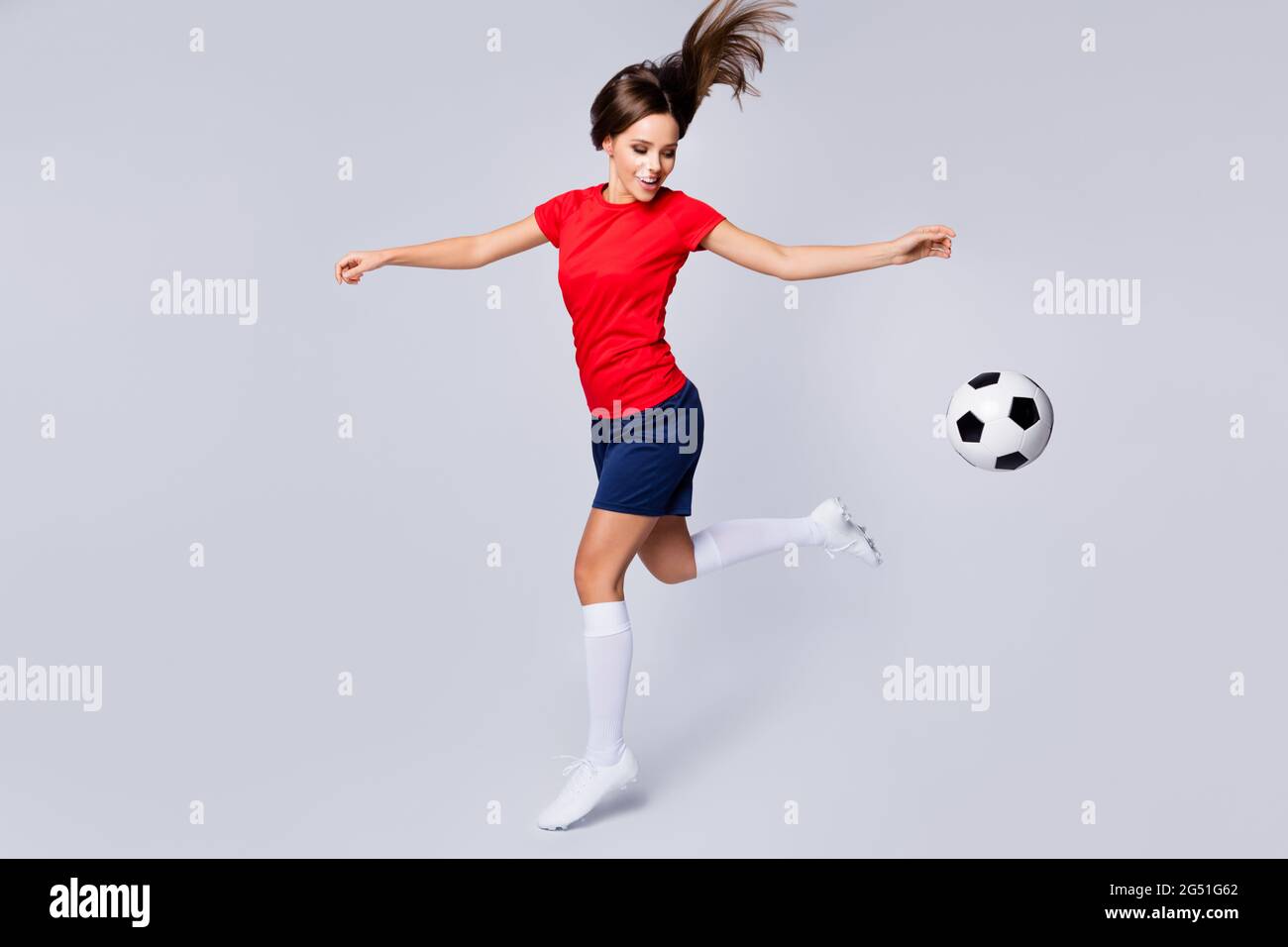Full body profile photo of cool joy lady player soccer women team kick