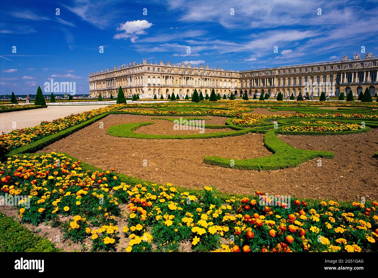 Formal garden outside of Palace of Versailles, Ile-de-France, France Stock Photo