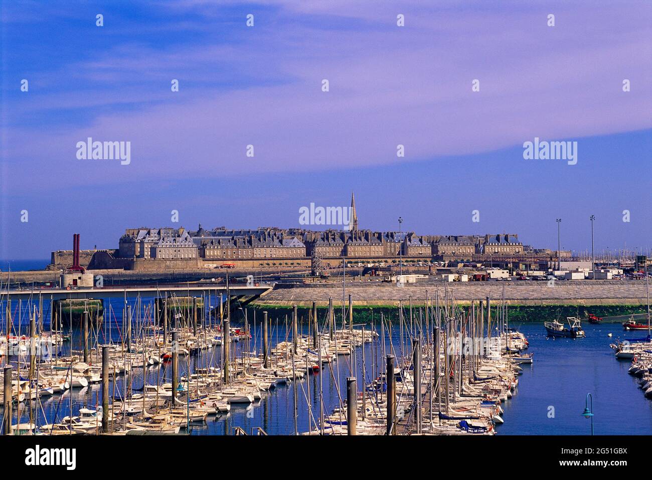 View of harbor under blue sky, Saint-Malo, Brittany, France Stock Photo