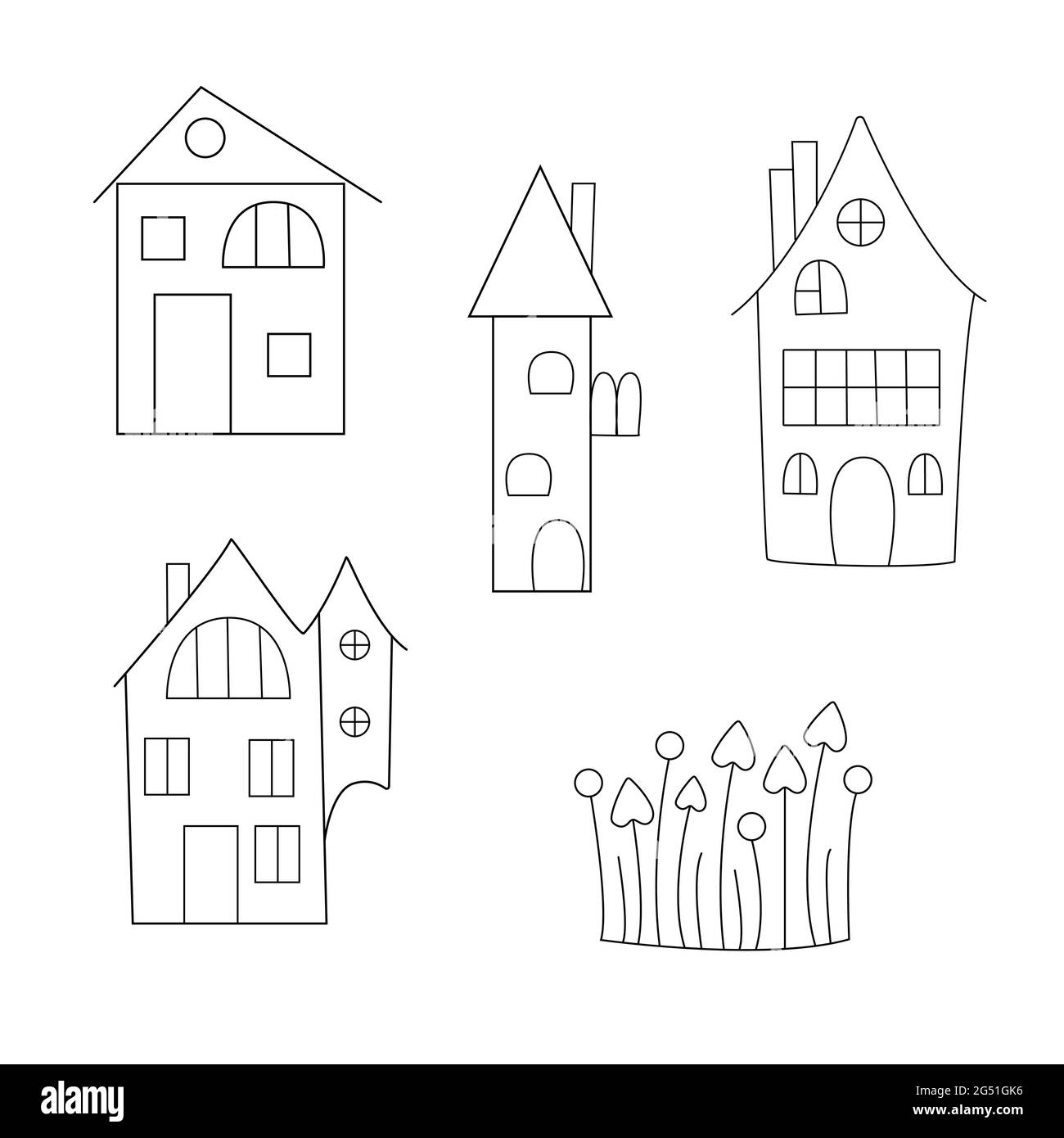 Halloween haunted houses set, simple doodle style cute outline vector illustration, autumn traditional holiday party decor, cards, invitations Stock Vector