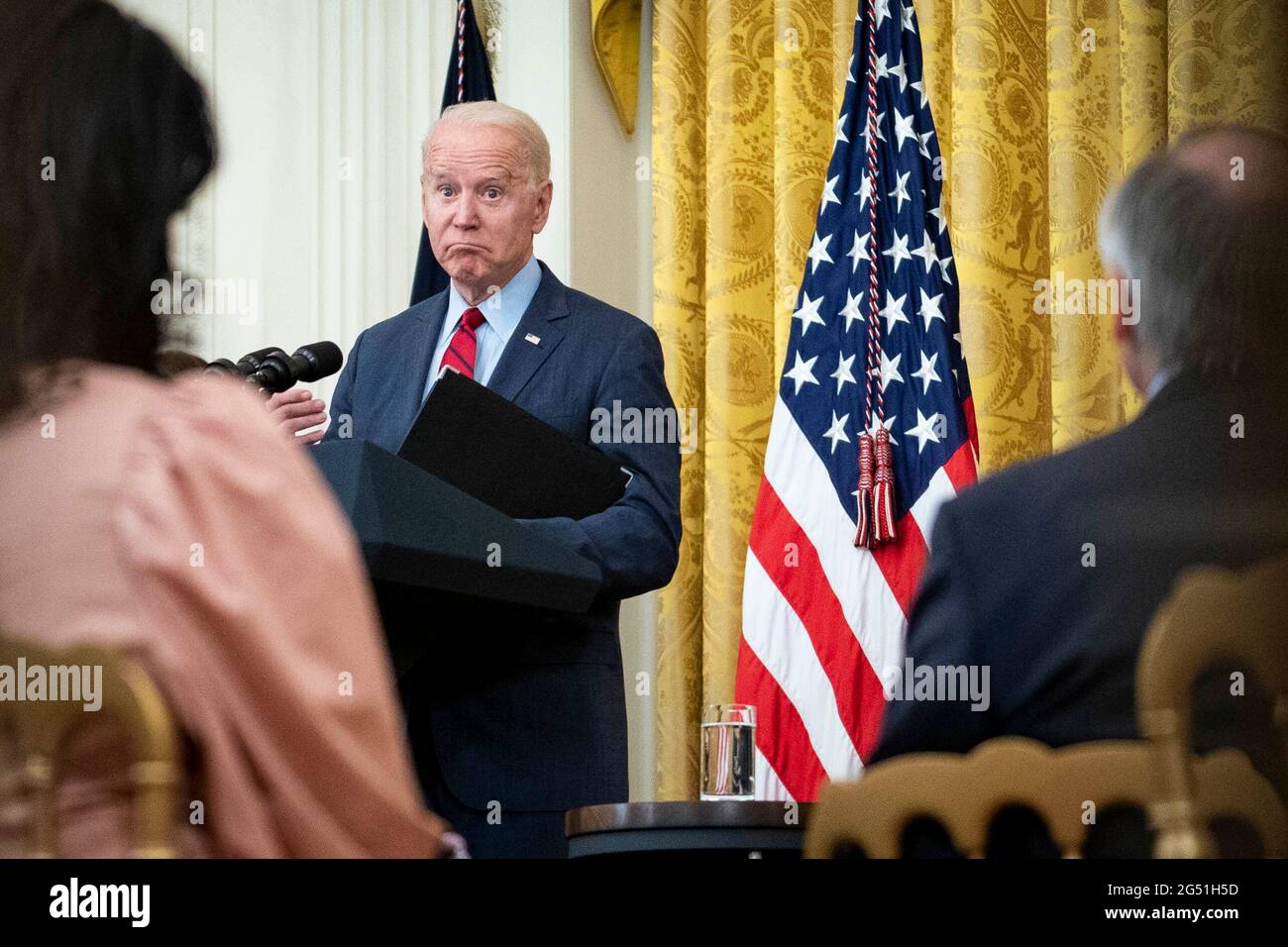 President Joe Biden delivers remarks on deals made with Senators on a bipartisan infrastructure plan in the East Room of the White House in Washington, DC, on Thursday, June 24, 2021. Credit: Sarah Silbiger/Pool via CNP /MediaPunch Stock Photo