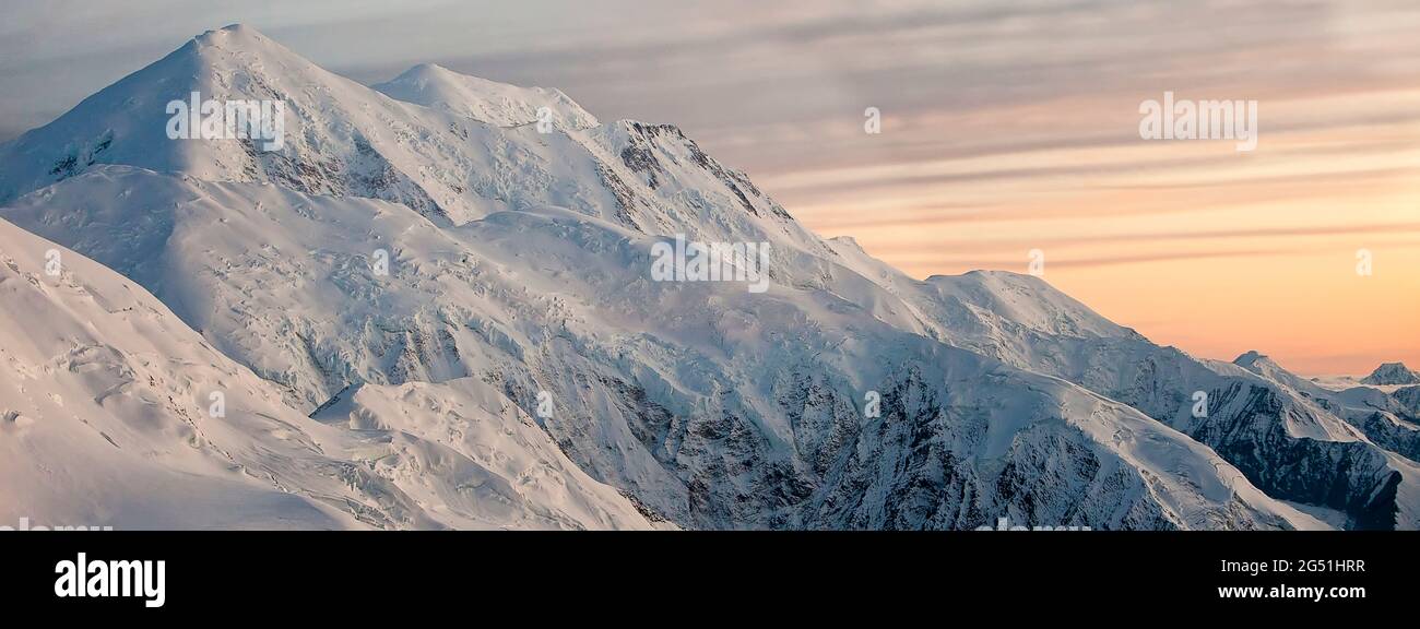Majestic snow covered mountain landscape at sunset, Denali, Alaska, USA Stock Photo
