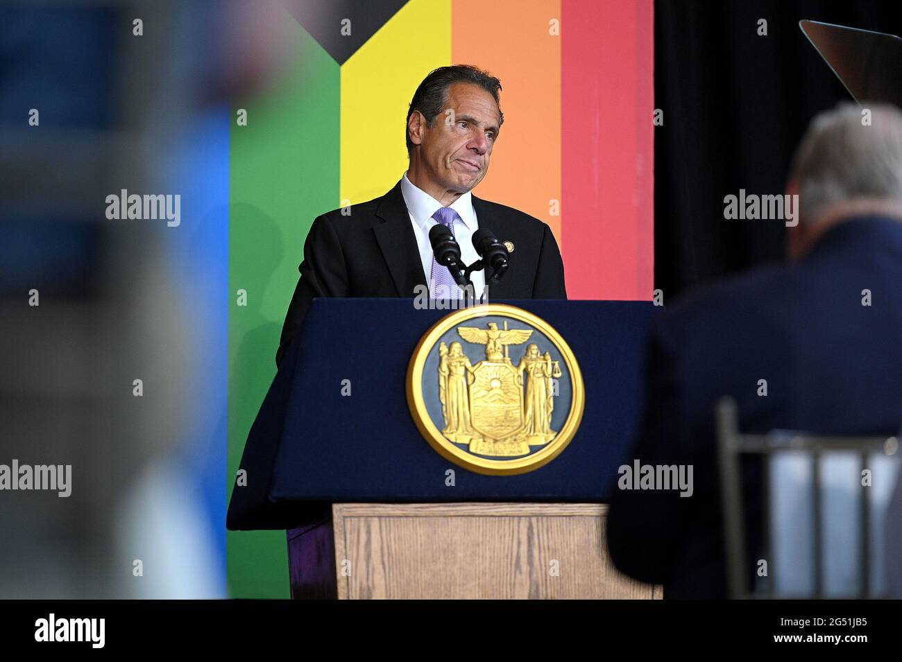 New York, USA. 24th June, 2021. New York Gov. Andrew Cuomo speaks at a ceremony before signing the Gender Recognition Act on the 10th anniversary of the Marriage Equality Act, in honor of Pride Week, at Pier 59 in New York, NY, June 24, 2021. The Gender Recognition Act extends protections for transgender and non-binary New Yorker, allowing people to change their gender on their birth certificates to conform to how they identify themselves. (Photo by Anthony Behar/Sipa USA) Credit: Sipa USA/Alamy Live News Stock Photo