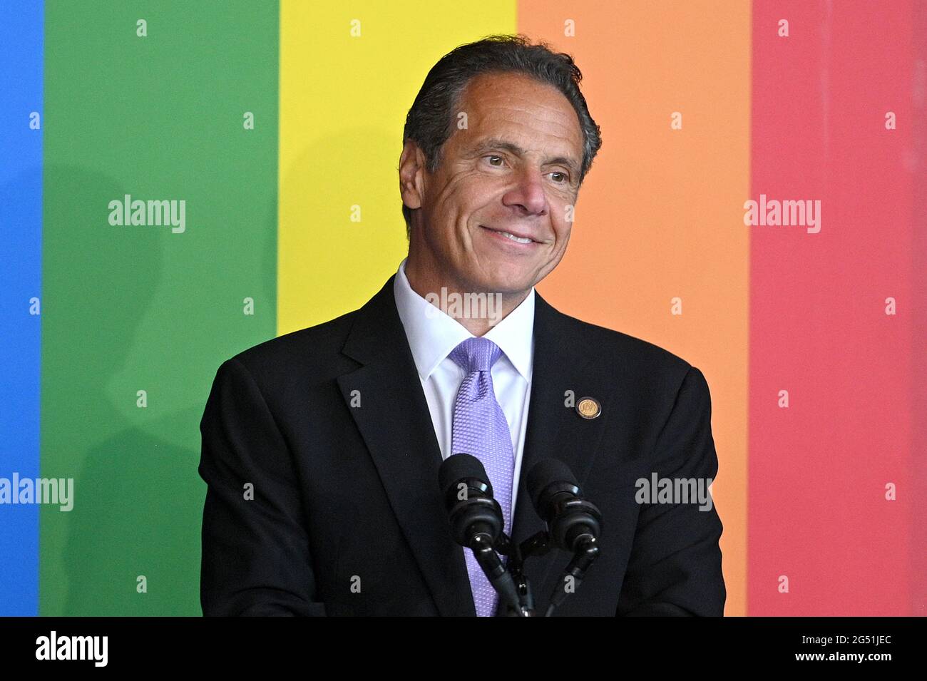 New York, USA. 24th June, 2021. New York Gov. Andrew Cuomo speaks at a ceremony before signing the Gender Recognition Act on the 10th anniversary of the Marriage Equality Act, in honor of Pride Week, at Pier 59 in New York, NY, June 24, 2021. The Gender Recognition Act extends protections for transgender and non-binary New Yorker, allowing people to change their gender on their birth certificates to conform to how they identify themselves. (Photo by Anthony Behar/Sipa USA) Credit: Sipa USA/Alamy Live News Stock Photo