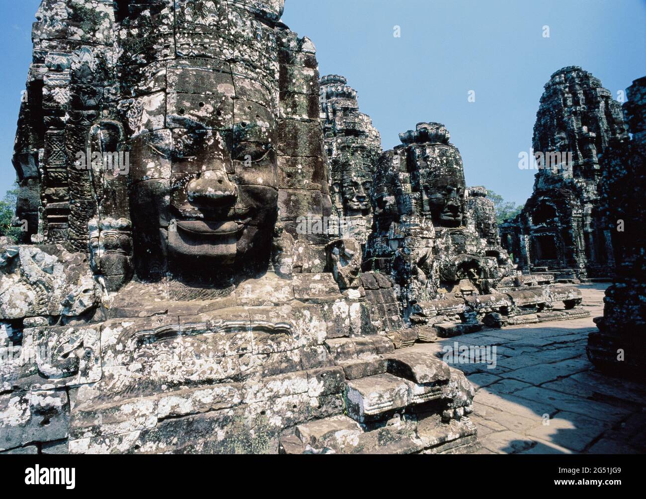 Sculptures and ancient architecture, Bayon Temple, Angkor Thom, Siem Reap, Cambodia Stock Photo