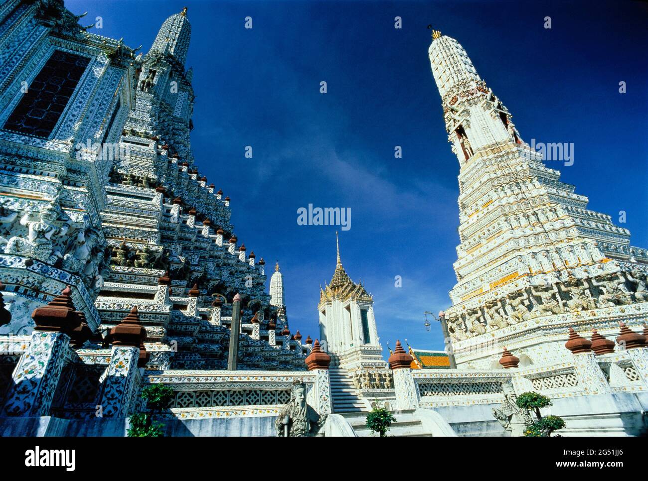White architecture and stupas, Wat Arun Temple, Bangkok, Thailand Stock Photo