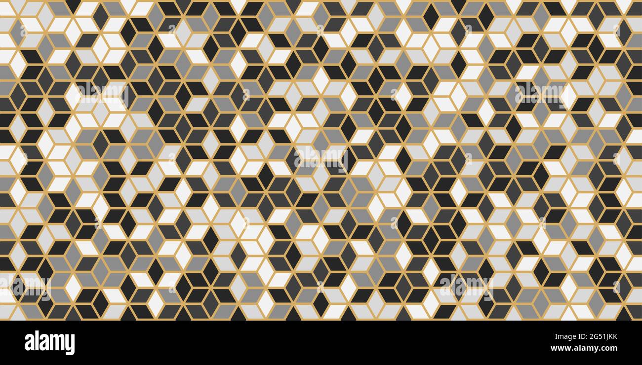 Abstract geometric seamless pattern square shape with gold line. White and gray color background design for carpet,wallpaper,clothing,wrapping,batik Stock Vector