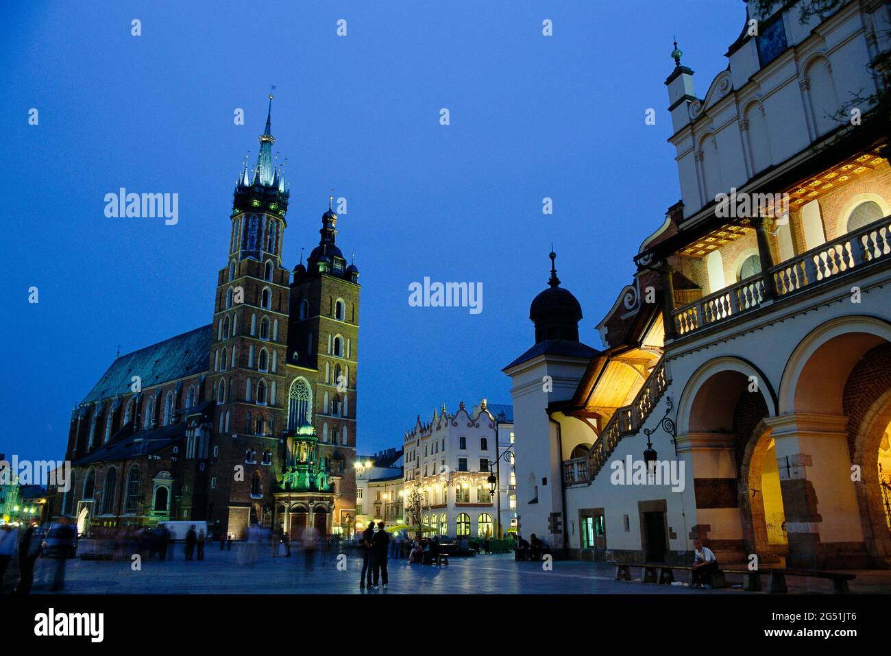 Saint Mary Church and main market square at night, Krakow, Poland Stock Photo