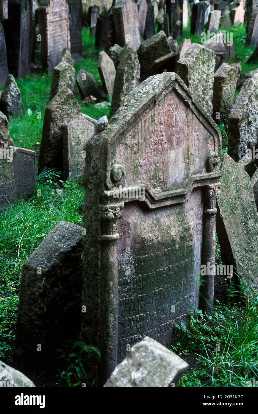 Tombstone at Old Jewish Cemetery, Prague, Czech Republic Stock Photo