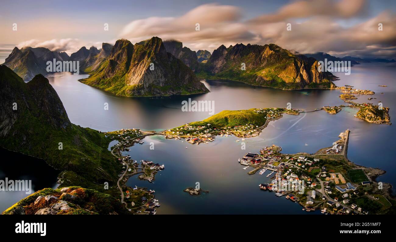 Aerial view of Reine village and fjords at sunset, Moskenesoya, Lofoten, Norway Stock Photo