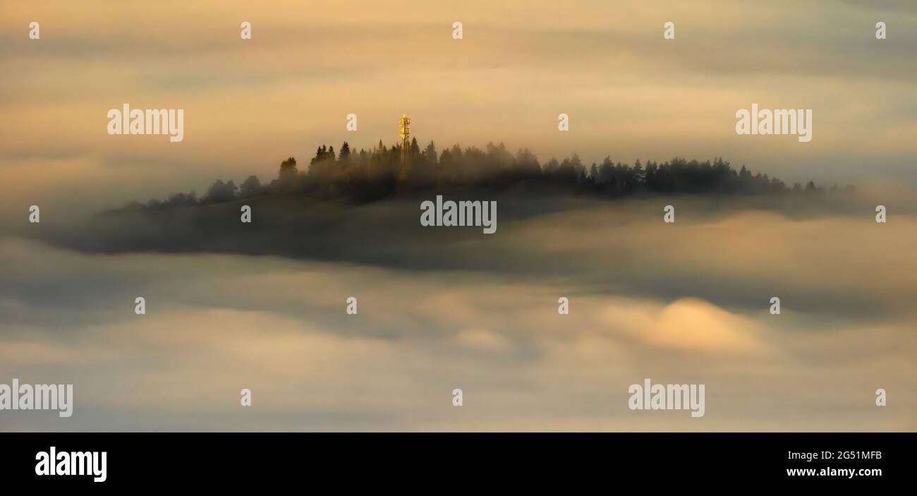 Fog in Pieniny Mountains at sunrise, Lesser Poland Voivodeship, Poland Stock Photo