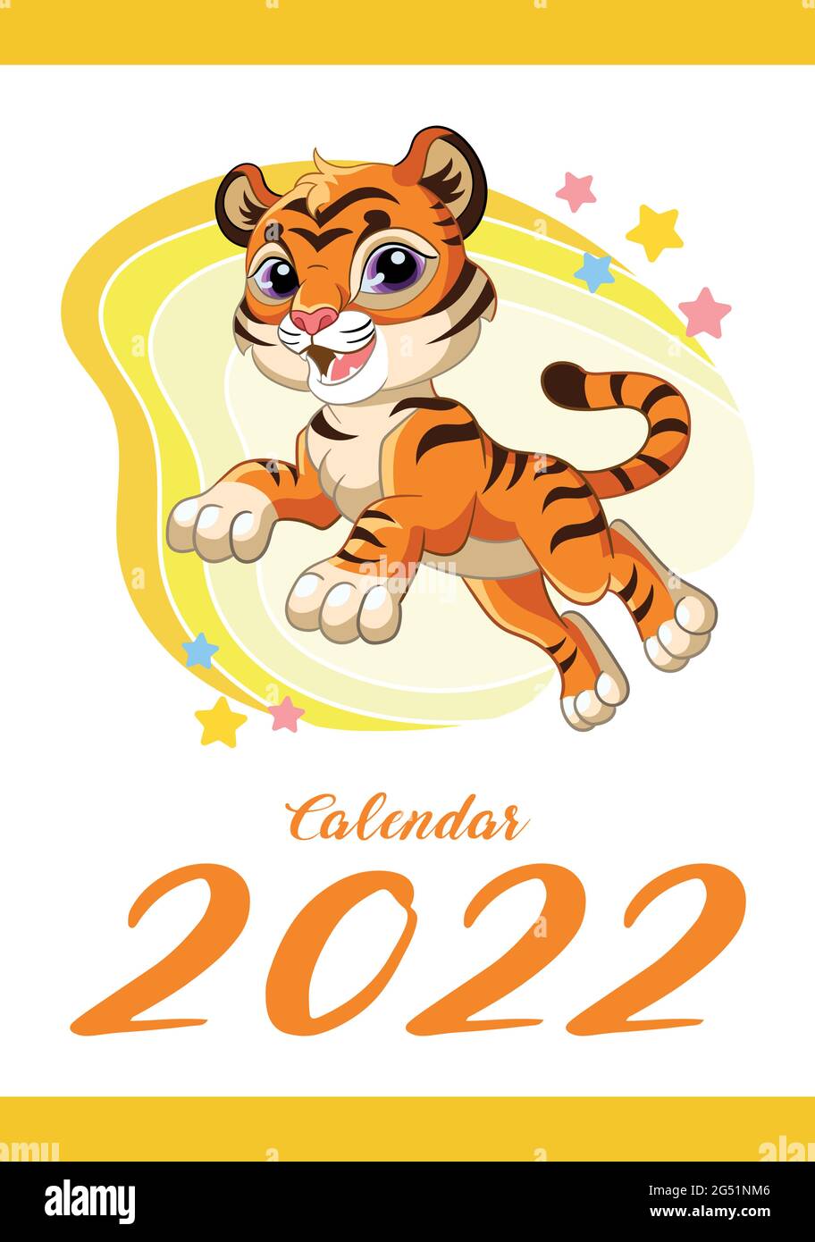 Wall calendar for 2022, cover. Cute cartoon happy tiger cub jump. The