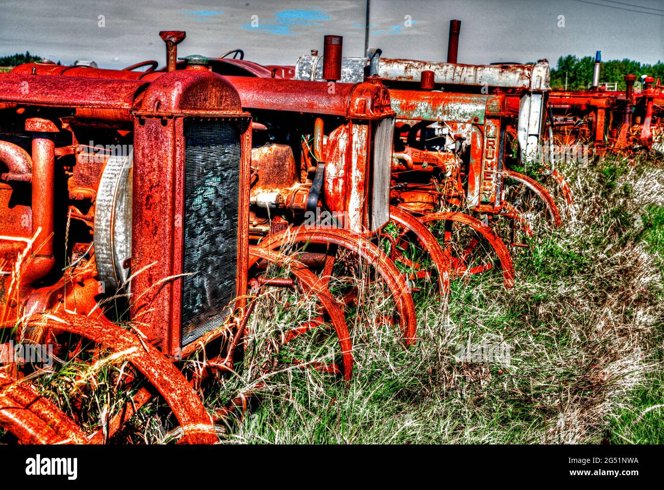 Row of old red abandoned rusty tractors Stock Photo