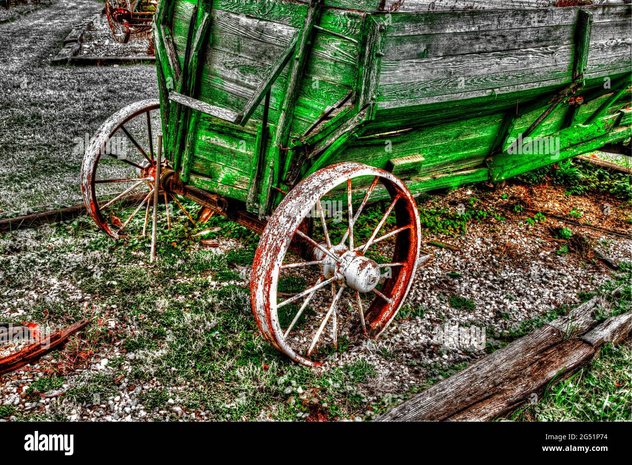 Old abandoned wooden horse cart, Rockville, Indiana, USA Stock Photo