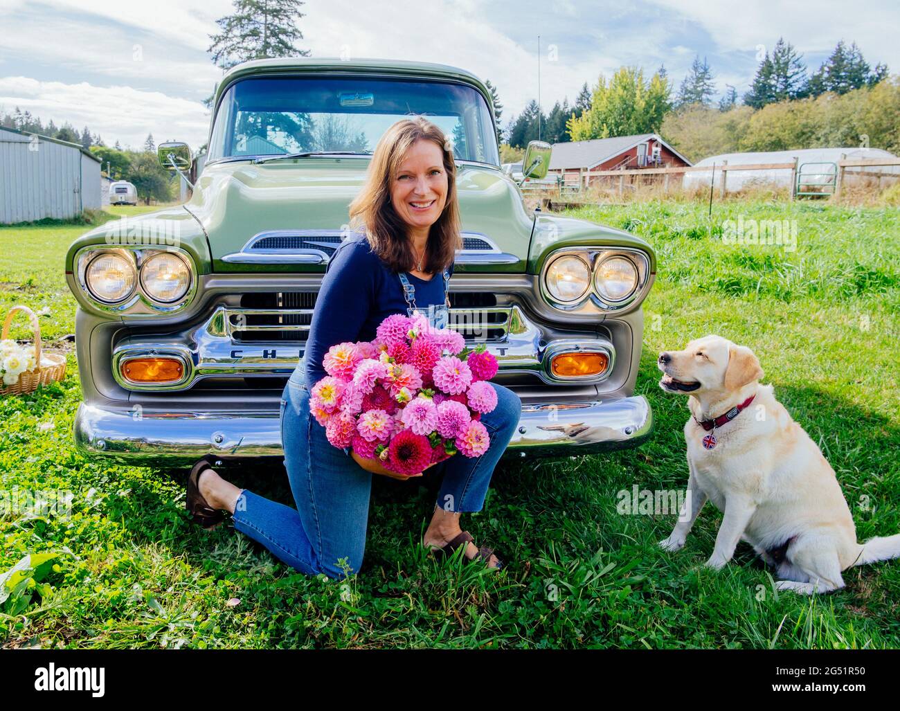 Woman with Dahlia flowers and dog in front of truck Stock Photo
