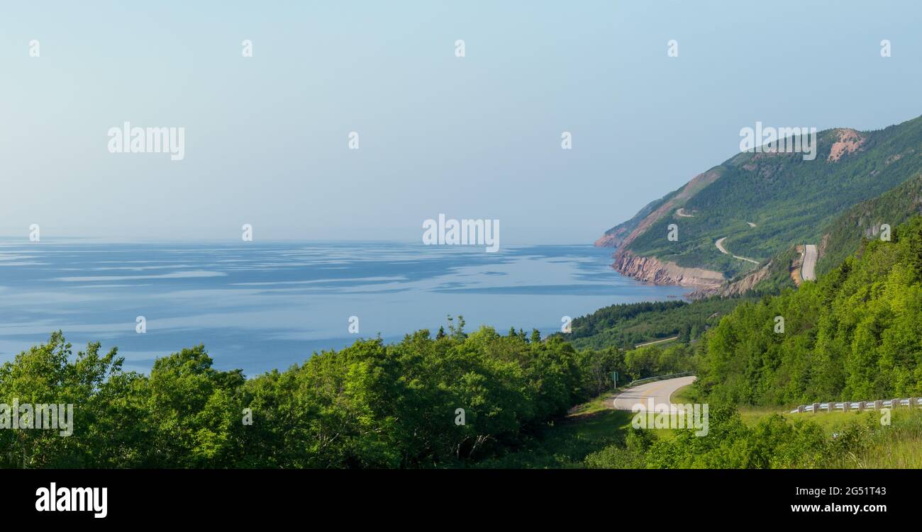 A panoramic view of the Cape Breton Islands along the world famous and most scenic Cabot Trail route, Cape Breton, Nova Scotia. Stock Photo
