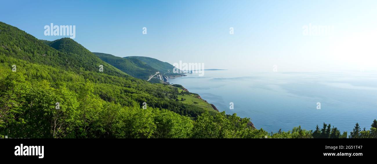 A panoramic view of the Cape Breton Islands along the world famous and most scenic Cabot Trail route, Cape Breton, Nova Scotia. Stock Photo