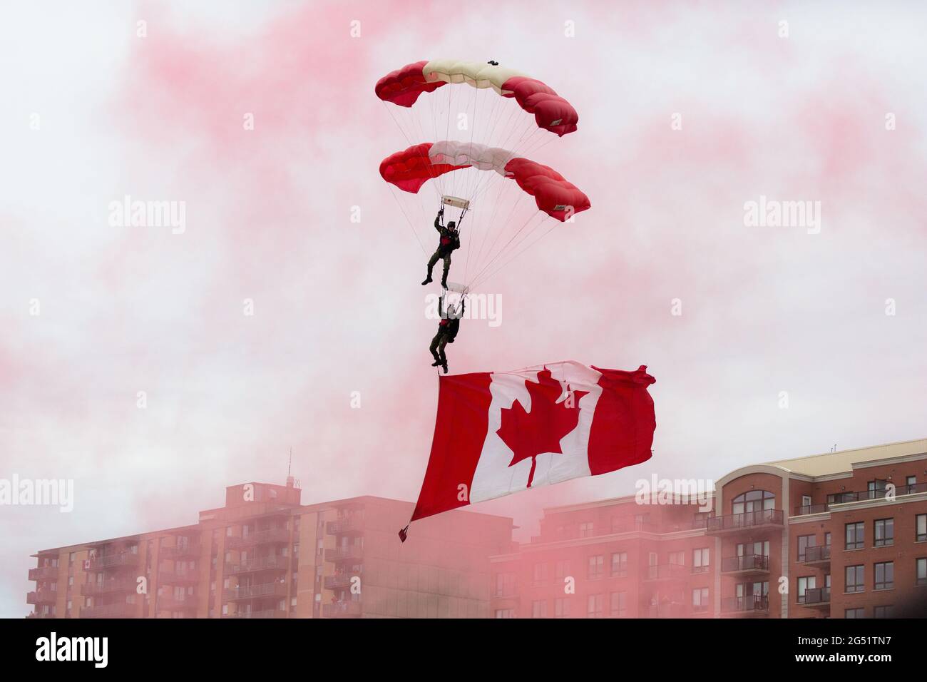 Canadian Forces Skyhawks Parachute Team doing figures in Halifax during the July 1st Canada Day celebrations, Halifax, Nova Scotia Stock Photo