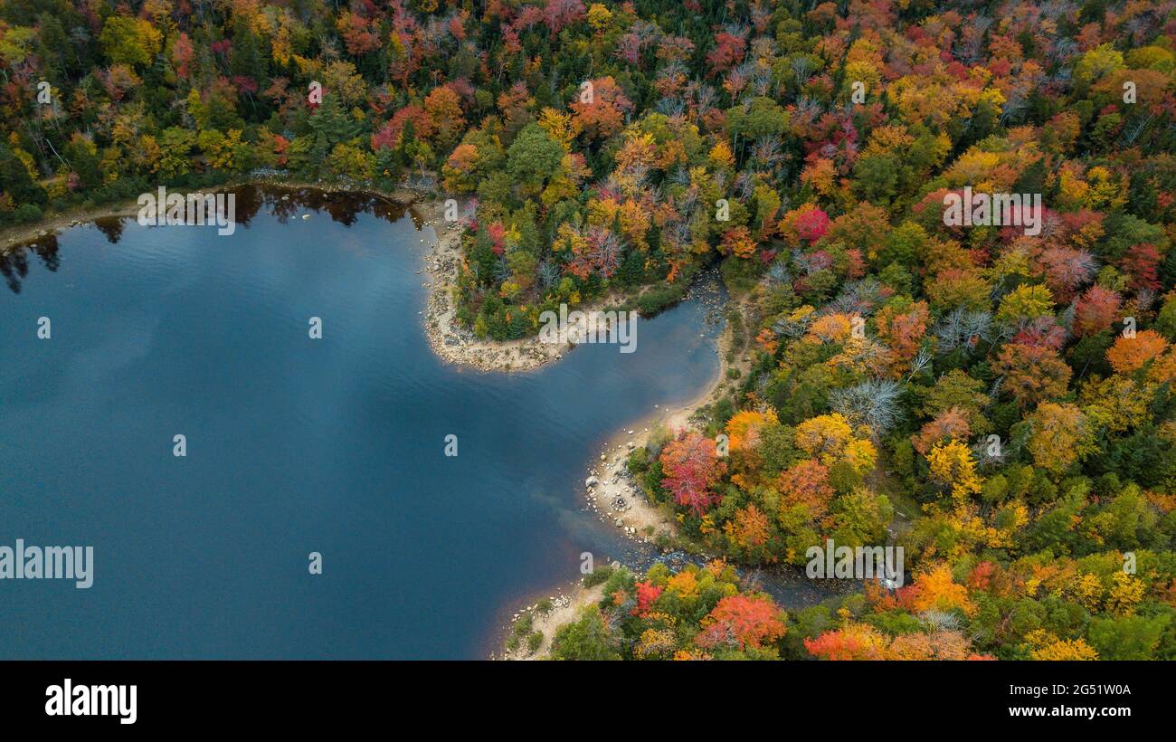 Beautiful aerial views of autumn fall foliage landscape in Longlake Provincial Park, Halifax,  Nova Scotia. Autumn colors of  Nova Scotia, Canada Stock Photo