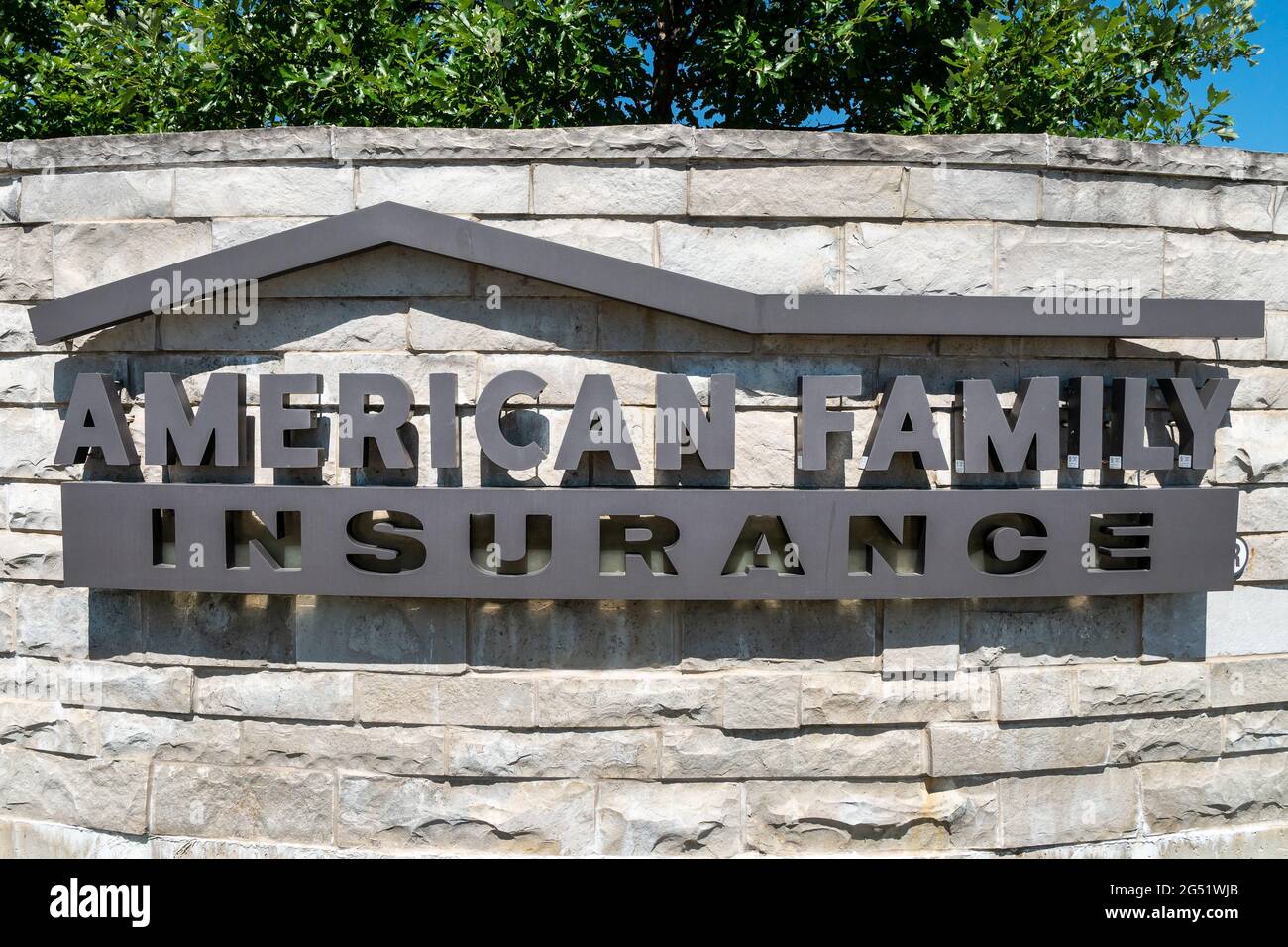 MADISON, WI,USA -  JUNE 18, 2021 -  American Family Insurance exterior sign and trademark logo. Stock Photo